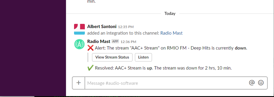 Example Slack notification from Radio Mast