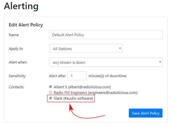 Alerting Policy edit page showing adding Slack as a contact